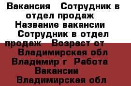 Вакансия : Сотрудник в отдел продаж › Название вакансии ­ Сотрудник в отдел продаж › Возраст от ­ 17 - Владимирская обл., Владимир г. Работа » Вакансии   . Владимирская обл.